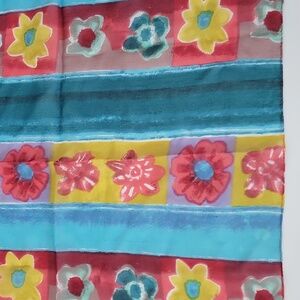 Vintage Floral Stripe Square Scarf Teal Pink Golds 20" x 20"